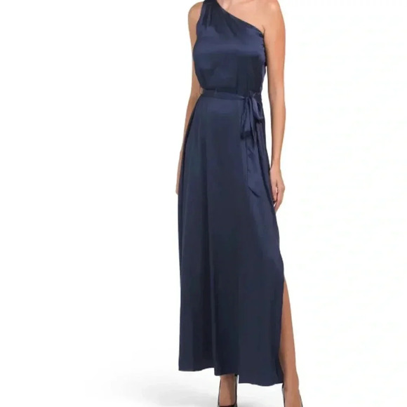 Nicole Miller New York Satin Tie Front One Shoulder Maxi Dress Large Blue New - Picture 1 of 3